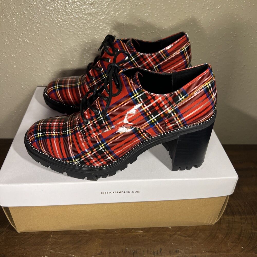 Jessica Simpson Red Combo Academy Plaid Oxford Shoes Chunky Platform 6.5